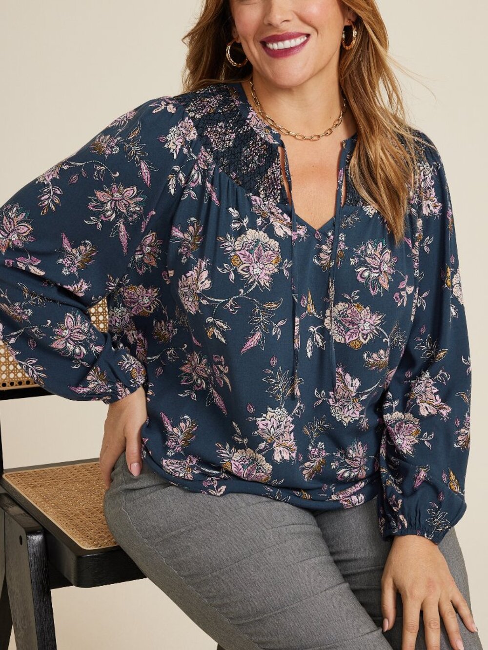 MAURICES Plus Size Navy Floral Peasant Blouse Blue Tie Neck Boho Long Sleeve 1X